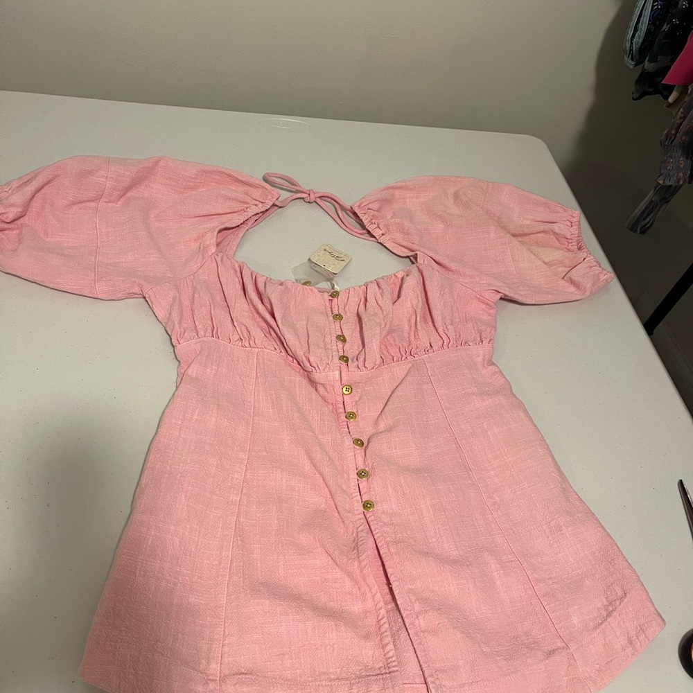 NWT Free People Pink puff sleeve 100% cotton tunic style top